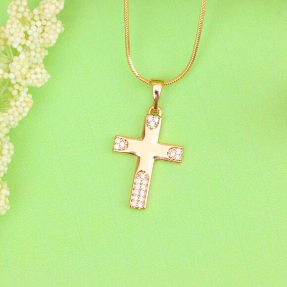 "Rose Gold Cross Pendant with Crystal Accents on Polished Surface, XPPT1611 - Picture 3 of 13